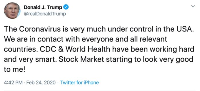 Trump Tweets that we have the virus under control and the stock market looks good to him