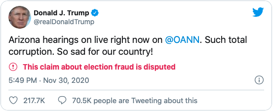 Tweet by Trump claiming falsely the election is being stolen in Arizona