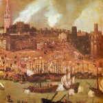 A shipyard on the river Guadalquivir in 16th century Seville: detail from a townscape by Alonso Sánchez Coello