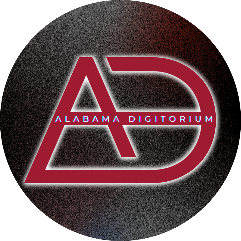 The Logo is stylized red initials AD with Alabama Digitorium in small white text along the cross of the red A.