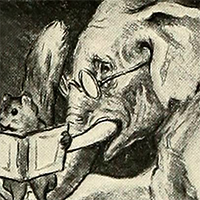 An image of an elephant wearing glasses and holding a squirrel in a box